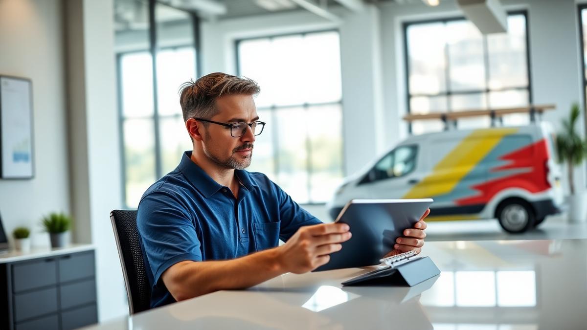 Business owner reviewing an AI dashboard of job and lead metrics on a tablet