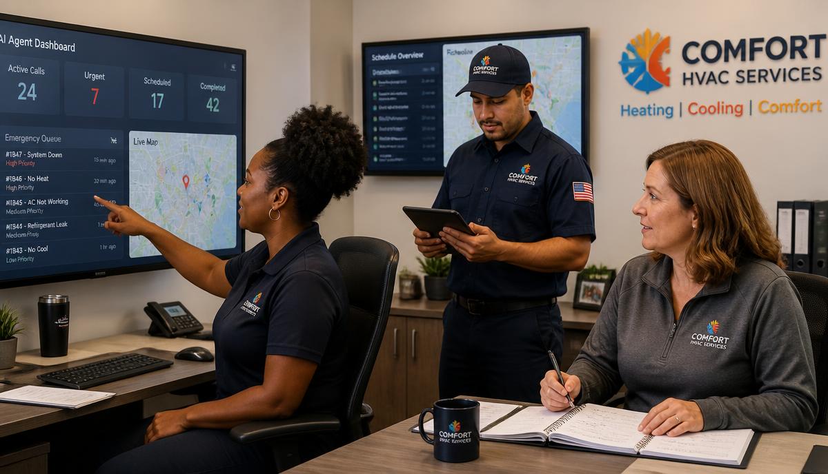 Diverse HVAC dispatch team reviewing an AI agent dashboard in a modern office