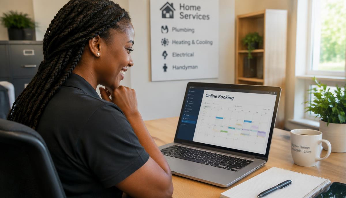 Service business receptionist reviewing an AI-filled online booking calendar on a laptop