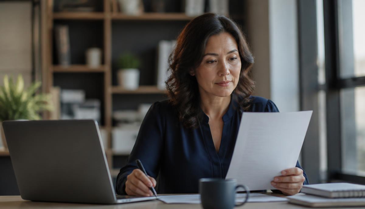 Business owner evaluating AI consulting service providers with a checklist and laptop