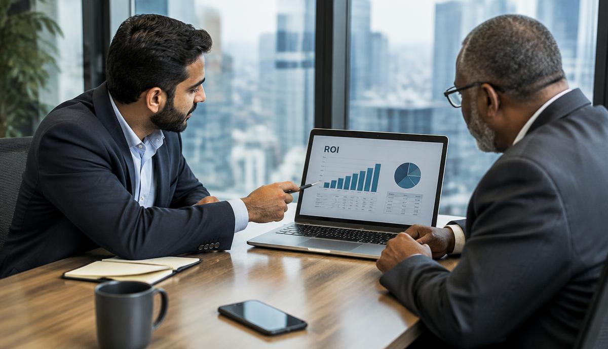 Consultant and business owner reviewing AI ROI charts on a laptop