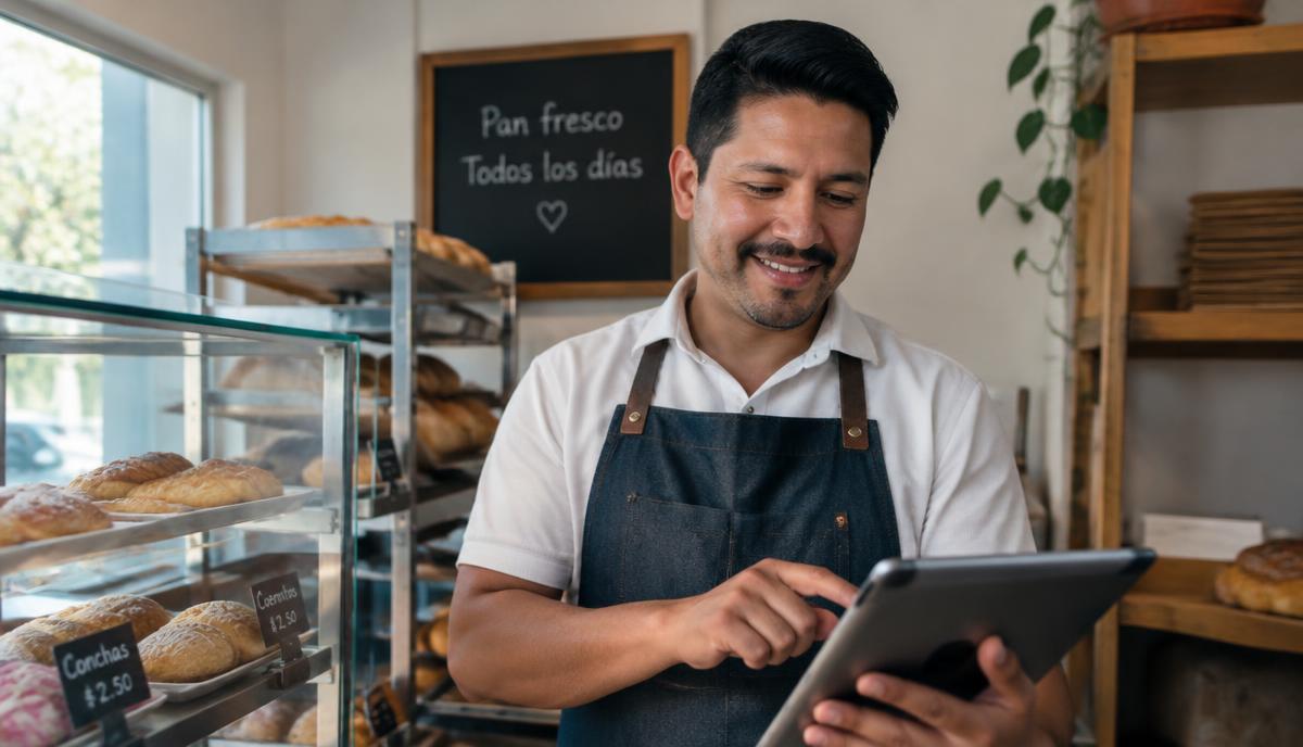 Small bakery owner answering customer messages on a tablet with an AI assistant