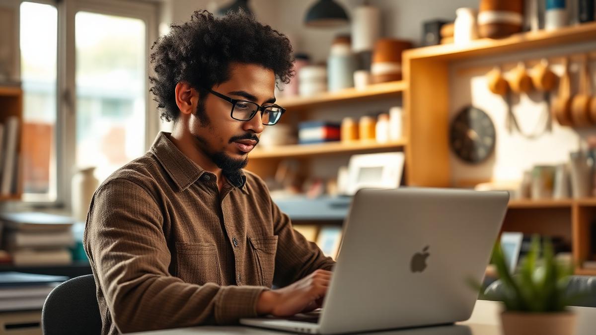 Small business owner reviewing an AI assistant dashboard on a laptop in a shop back office