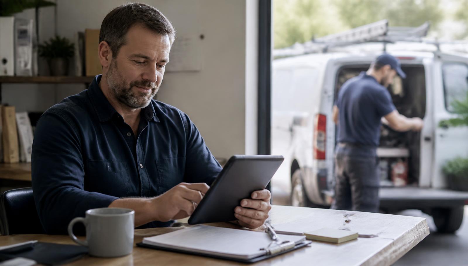 Home service business owner reviewing job schedules on a tablet while a technician loads a work van outside