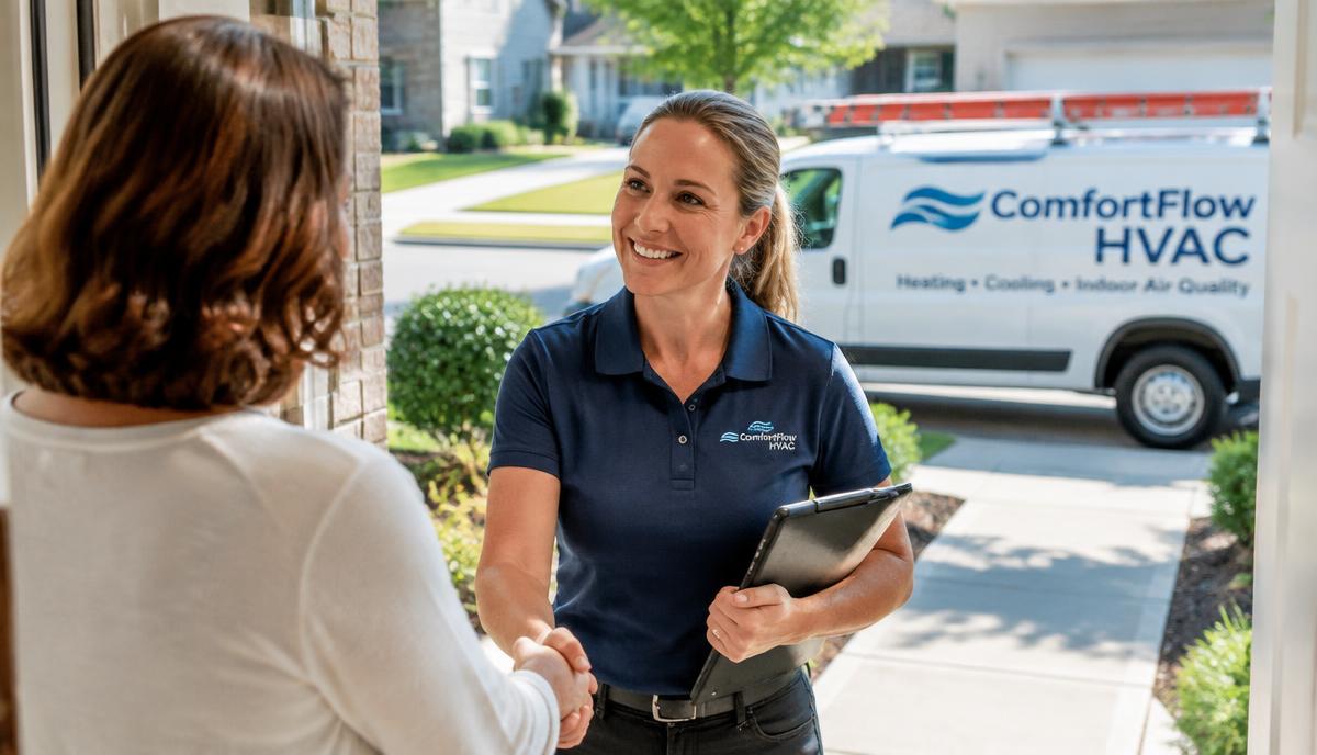 HVAC business owner greeting a homeowner at the front door with service van behind
