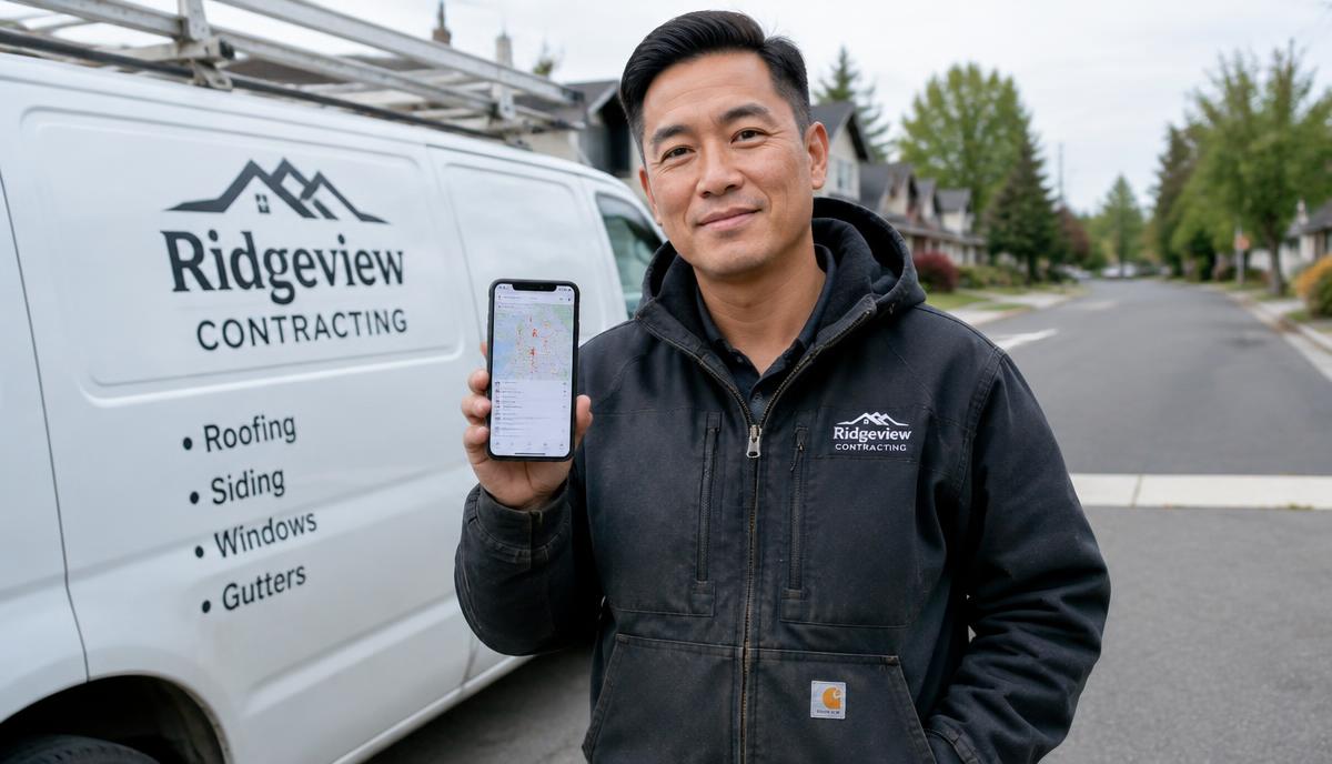 Contractor next to his service van showing a local map search on his phone