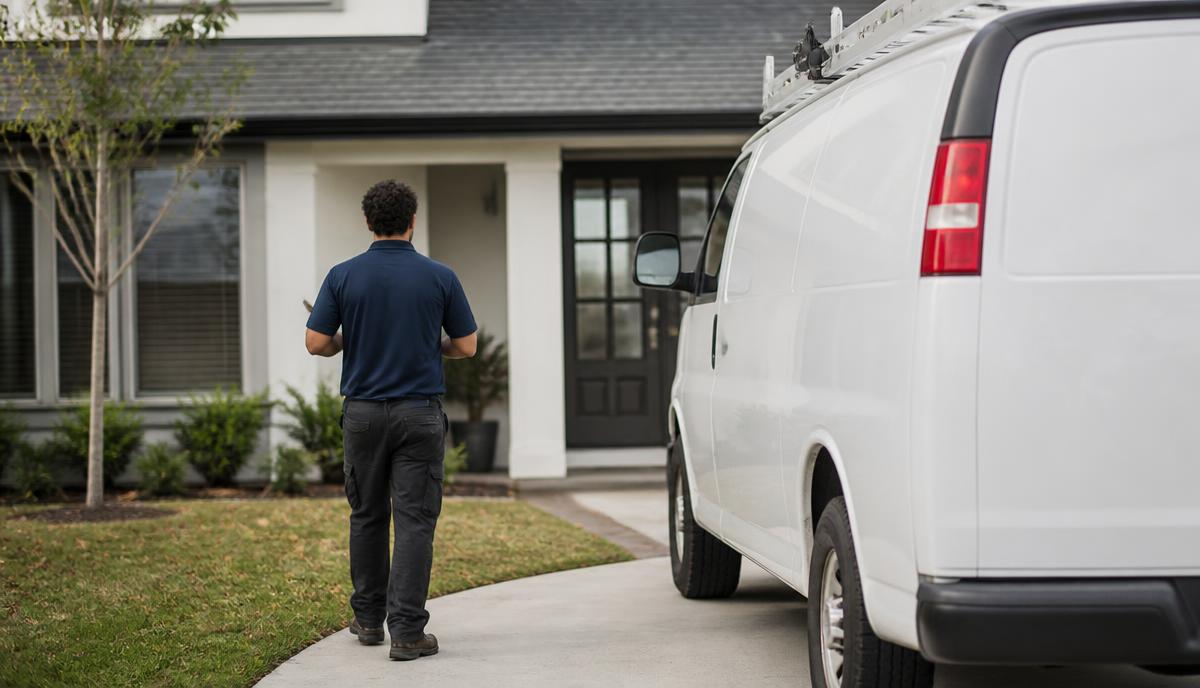 Home service technician with a phone walking to a house door beside a white work van