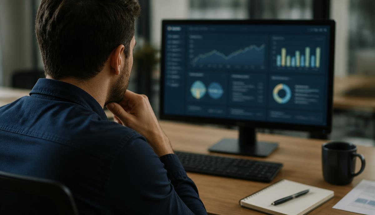 Business owner reviewing a search performance dashboard on a desktop monitor at an office desk
