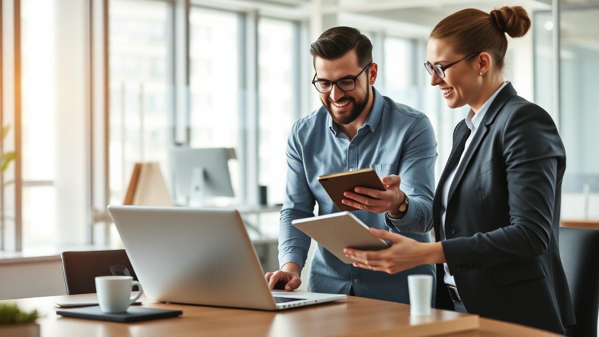 Two small business team members comparing AI software tools on a laptop and tablet in a bright office