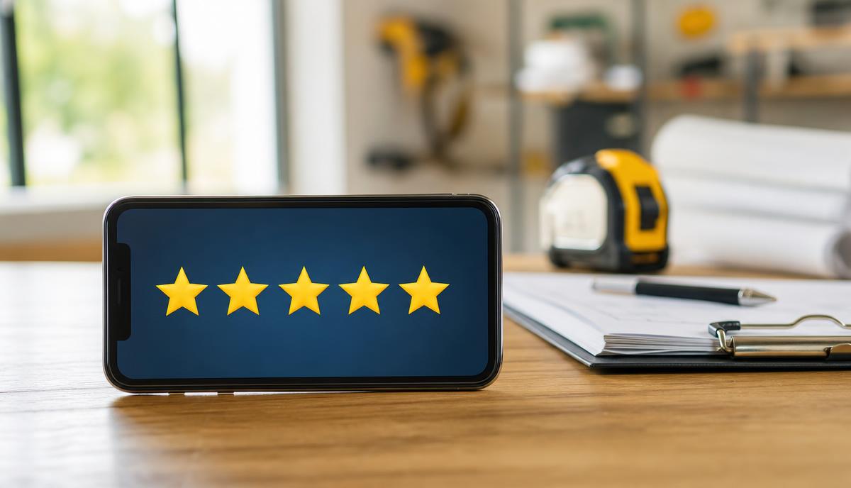 Smartphone displaying a five-star review request message on a contractor's desk