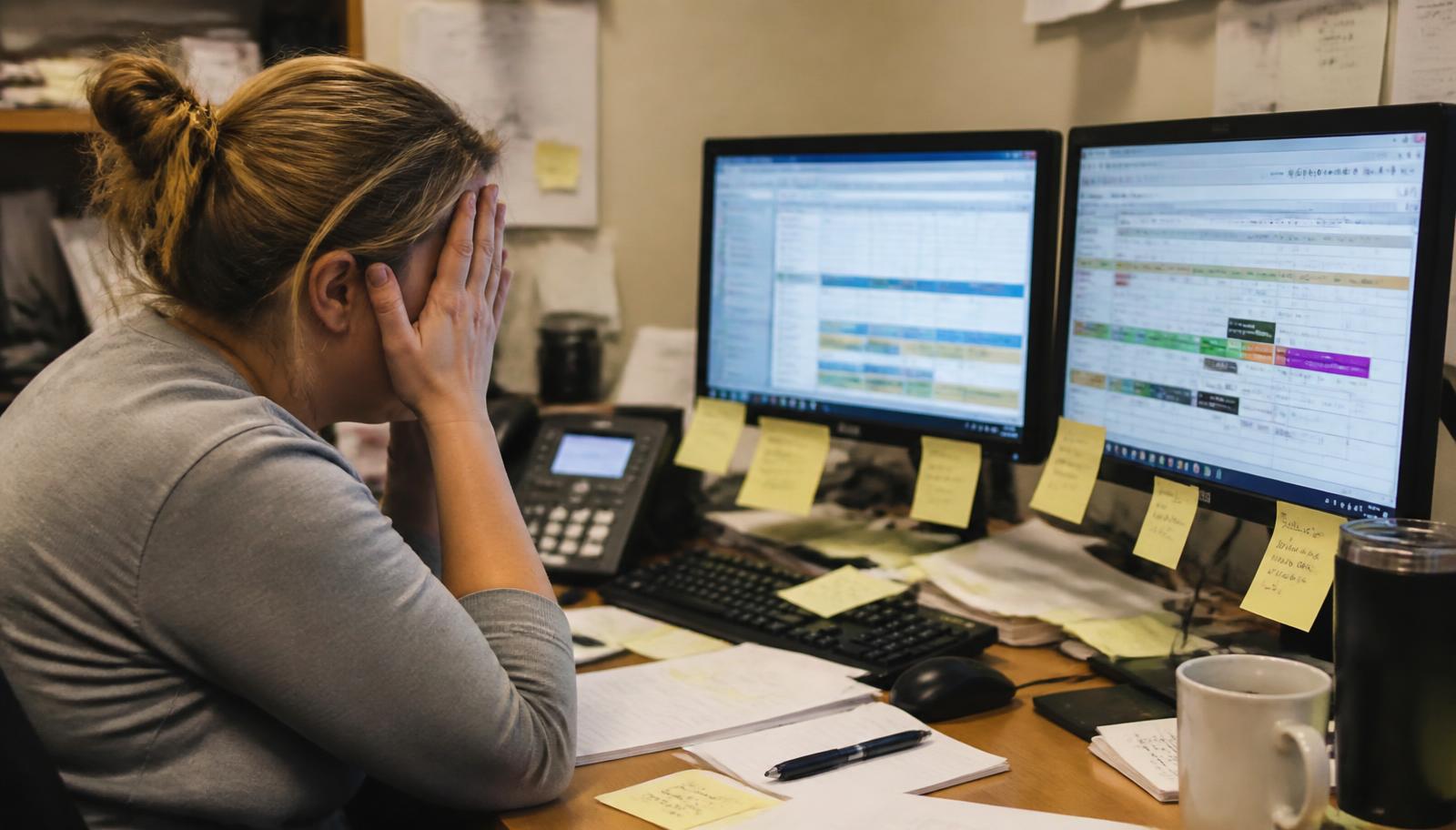 Overwhelmed dispatcher at a cluttered desk covered in sticky notes with scheduling software on two monitors