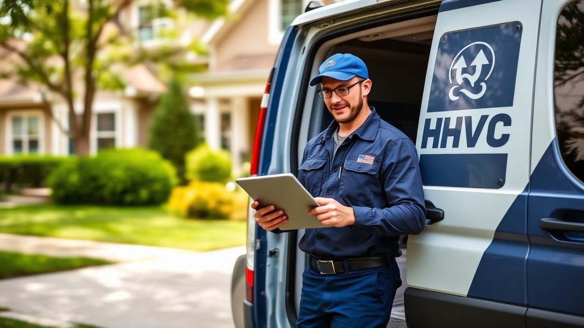 HVAC technician standing beside a branded service van reviewing marketing results on a tablet