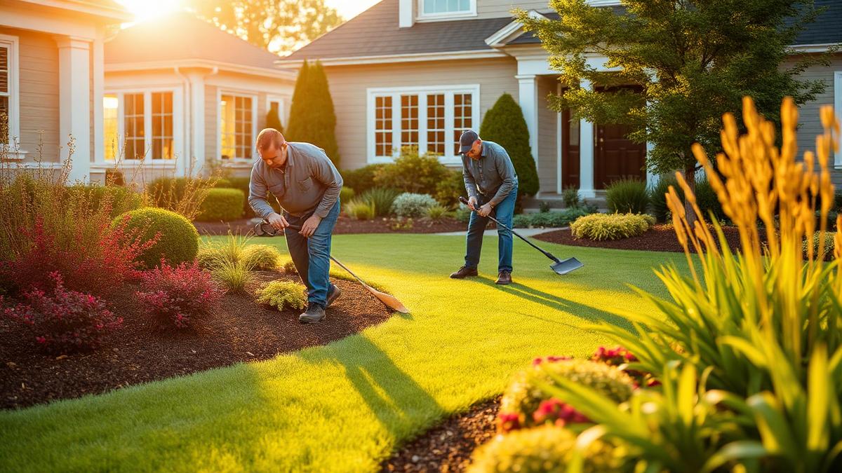Landscaping crew maintaining a manicured lawn and garden beds at a residential home at golden hour