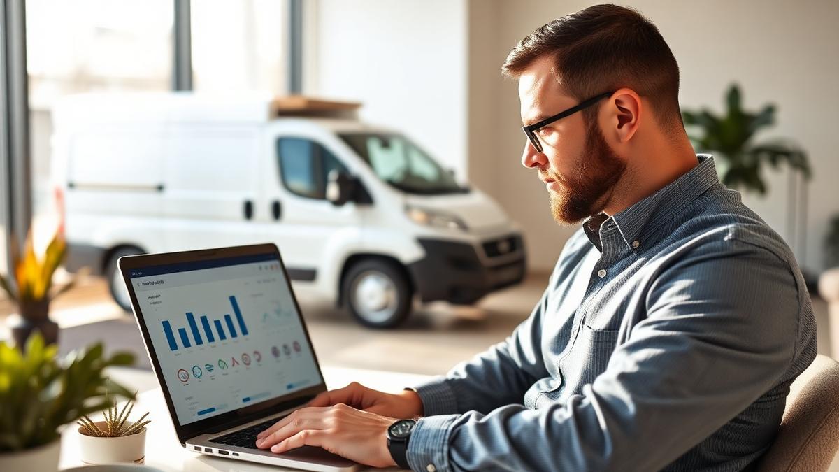 Home service business owner reviewing a sales dashboard on a laptop with a work van visible in the background