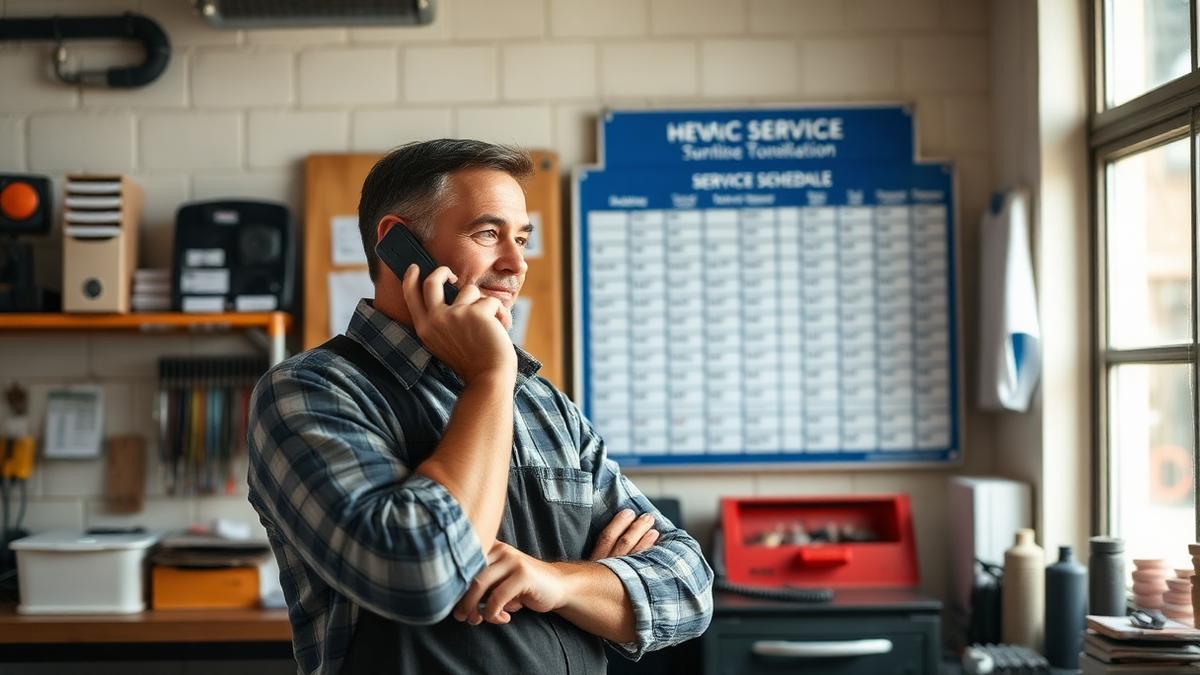 HVAC business owner on the phone in a workshop beside a service schedule board