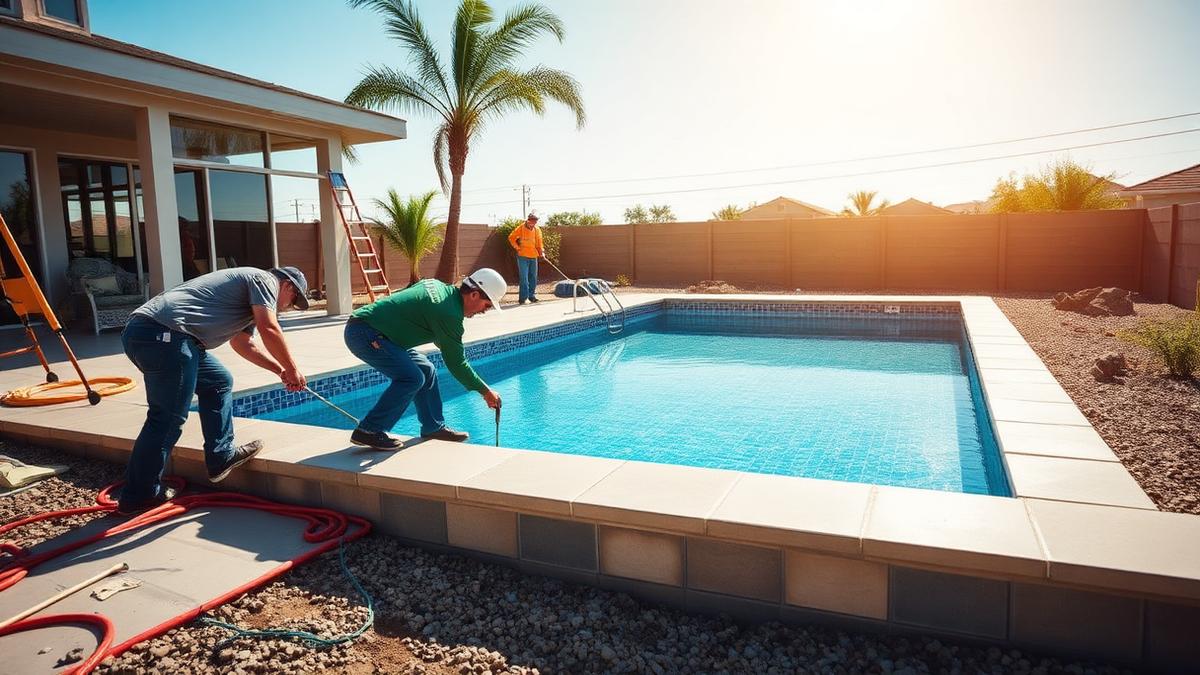 Pool construction crew finishing a modern backyard swimming pool on a sunny day