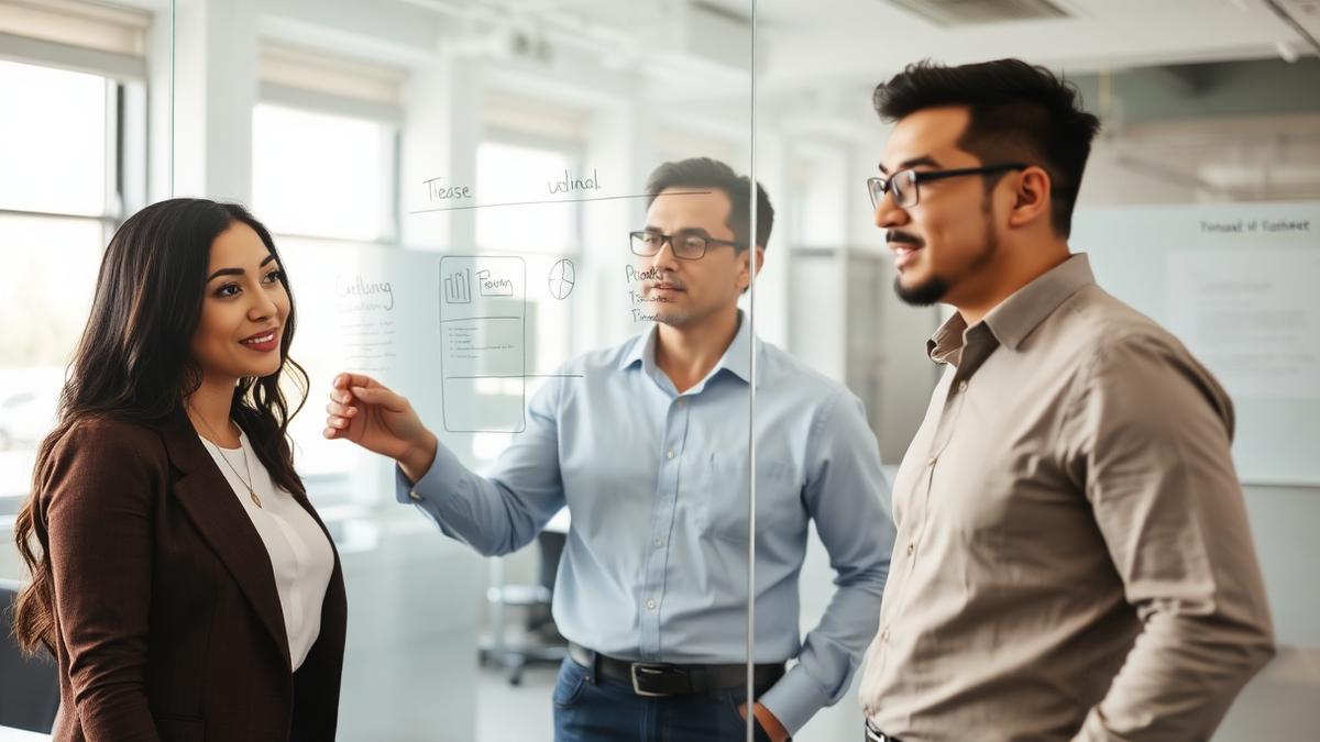 Small business team mapping an automated workflow on a glass board