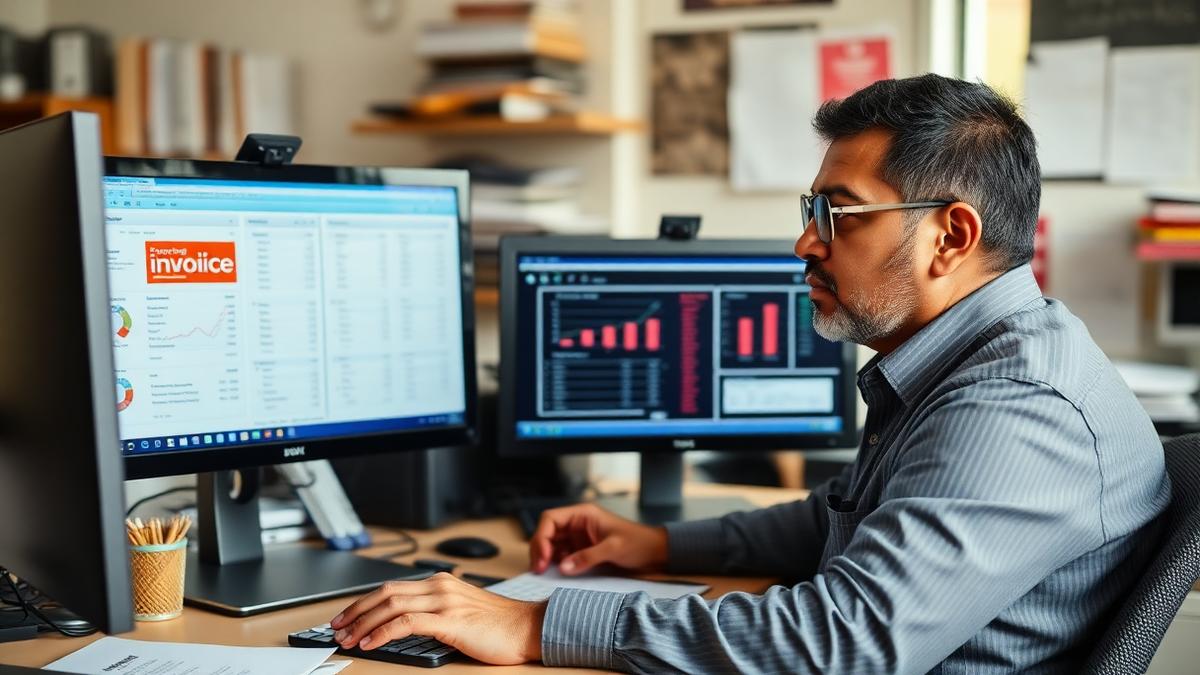 Bookkeeper reviewing automated invoice and expense data on dual monitors