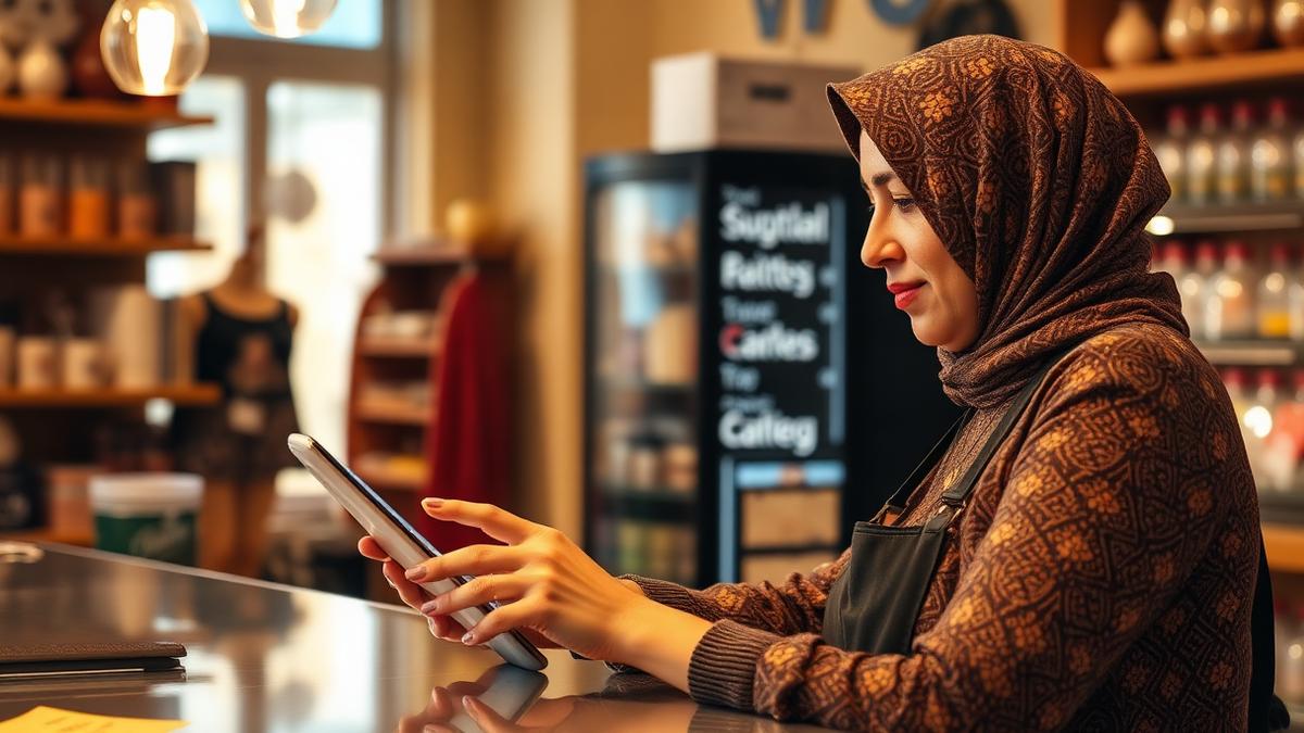 Business owner responding to automated website chat messages on a tablet
