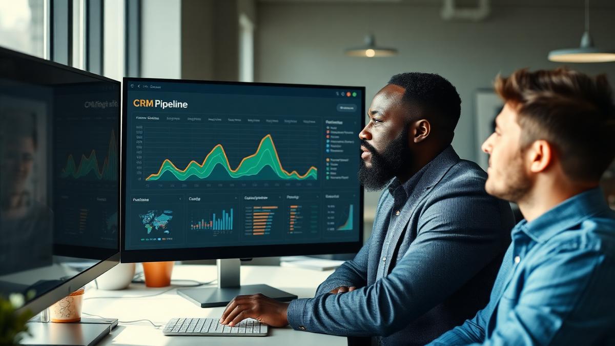 Sales manager and colleague reviewing an automated CRM pipeline dashboard