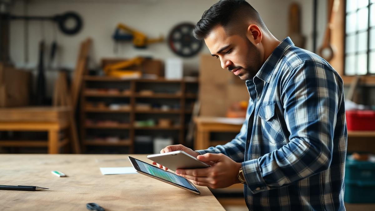 Business owner reviewing incoming leads on a tablet in a workshop