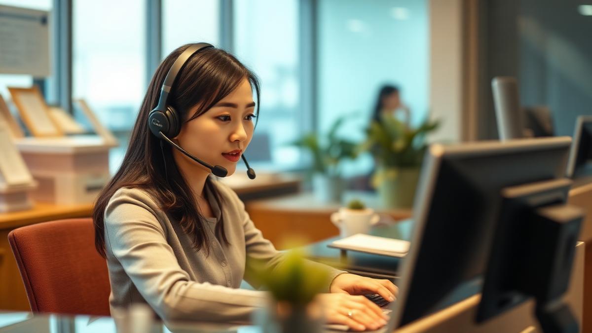 Receptionist with a headset handling calls at a small business front desk