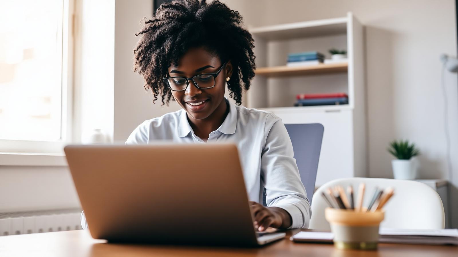 Small business owner reviewing an AI assistant dashboard on a laptop in a bright office