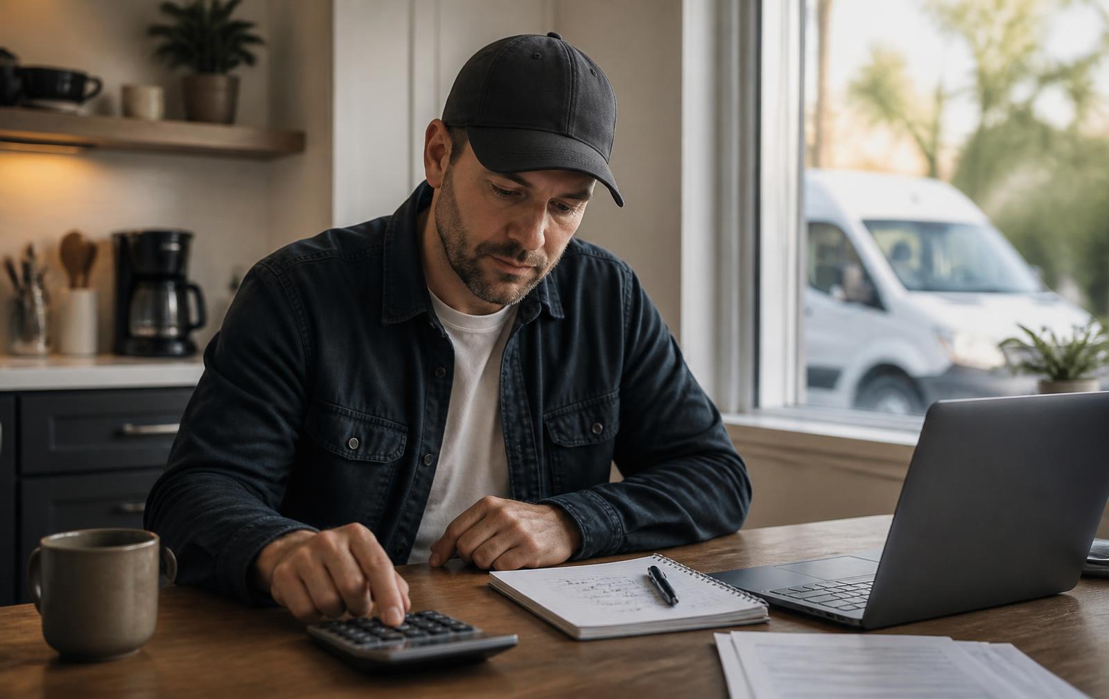 Home service business owner calculating lead value with a calculator and laptop at a kitchen table